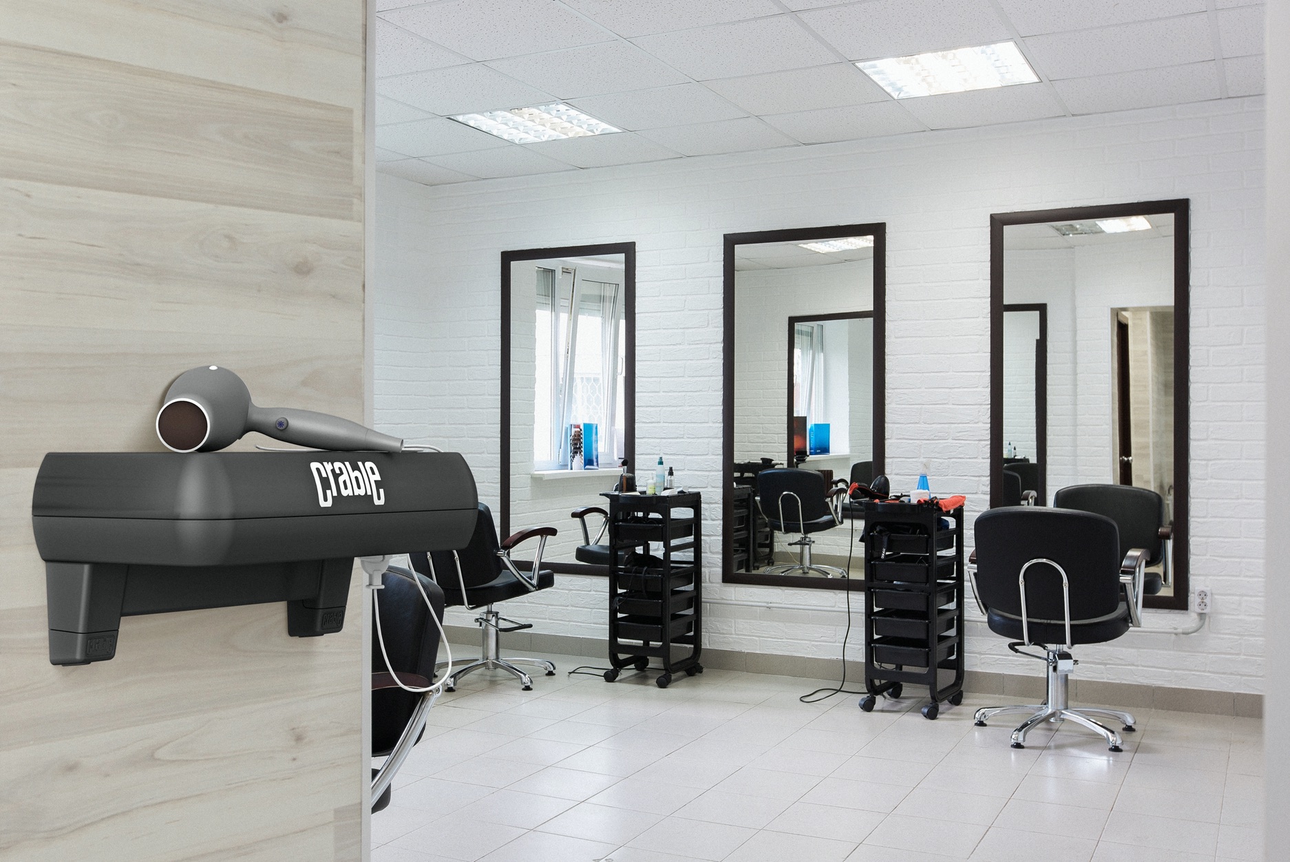 Crable Wireless Charging Shelf used in a hair salon