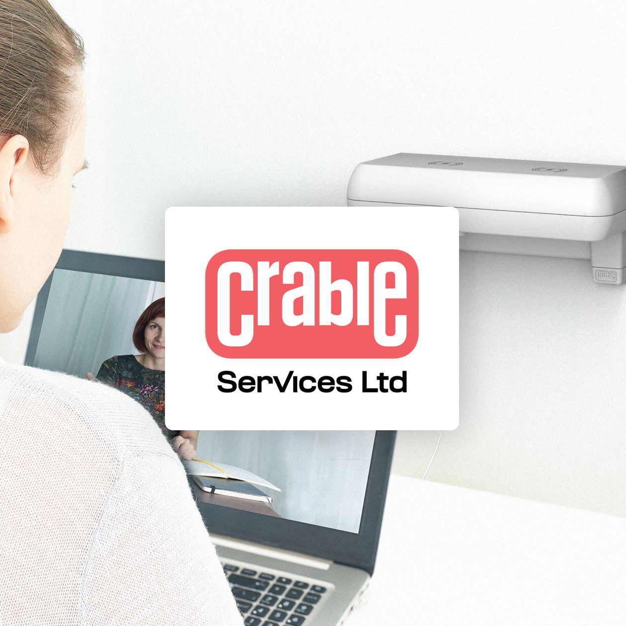 Crable Services over image of woman using laptop charging from Crable shelving unit